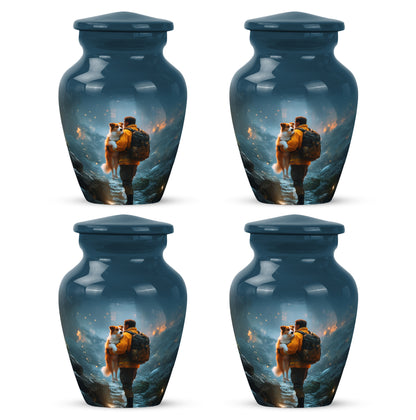 Sky Blue Firefighter Cremation Urn side profile showing urn shape - classic sculpted firefighter pattern on smooth aluminum - 10 inch aluminum urn for cremated remains