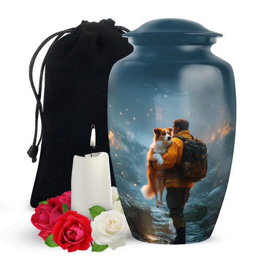 Dusty Blue Firefighter Cremation Urn angled view of lid and engraved motif - timeless firefighter motif etched into premium metal - full-size 10 inch 200 cubic inch adult cremation urn