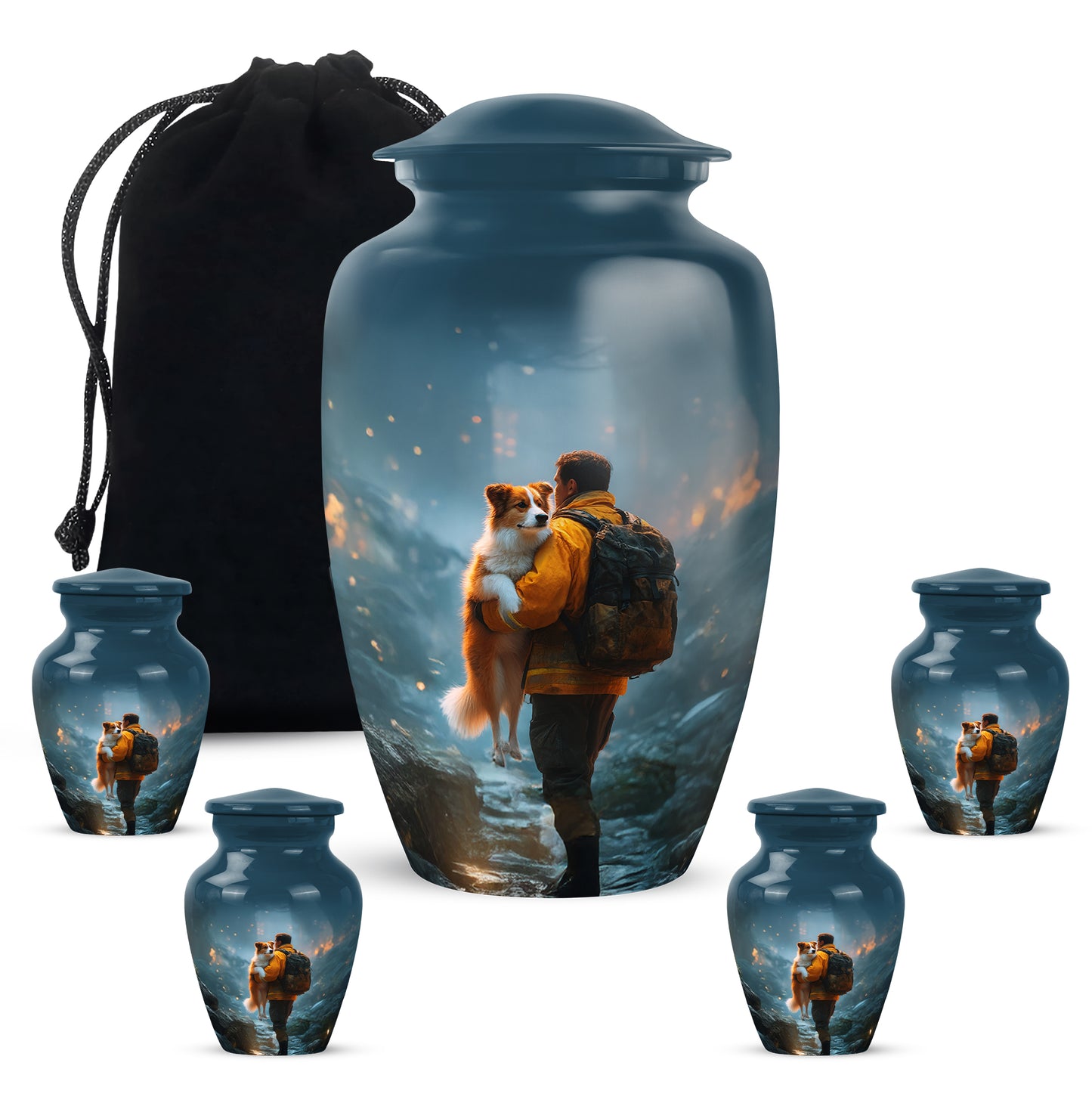 Pastel Blue Firefighter Cremation Urn top-down view of secure threaded lid - classic sculpted firefighter pattern on smooth aluminum - memorial set with one large and four small urns