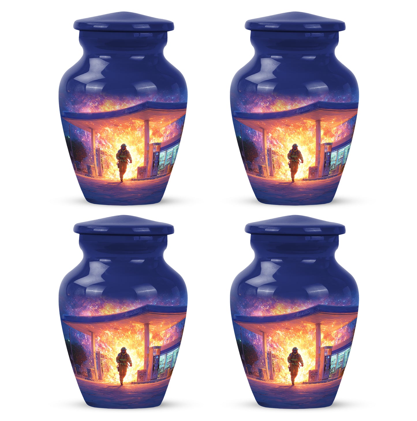 Dusty Blue Firefighter Cremation Urn side profile showing urn shape - timeless firefighter motif etched into premium metal - 10 inch aluminum urn for cremated remains