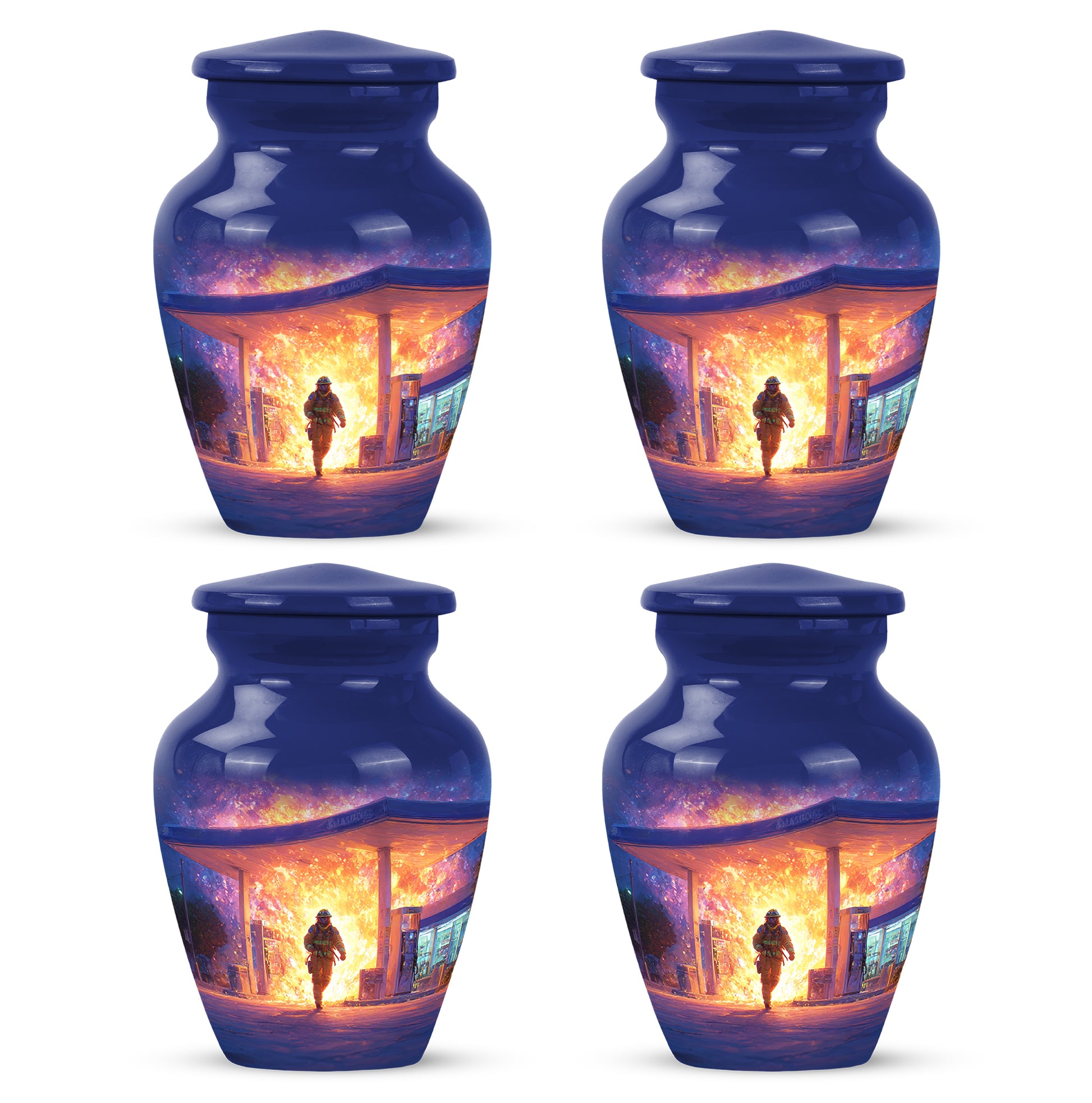 Dusty Blue Firefighter Cremation Urn side profile showing urn shape - timeless firefighter motif etched into premium metal - 10 inch aluminum urn for cremated remains