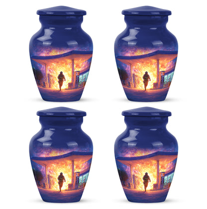 Dusty Blue Firefighter Cremation Urn side profile showing urn shape - timeless firefighter motif etched into premium metal - 10 inch aluminum urn for cremated remains