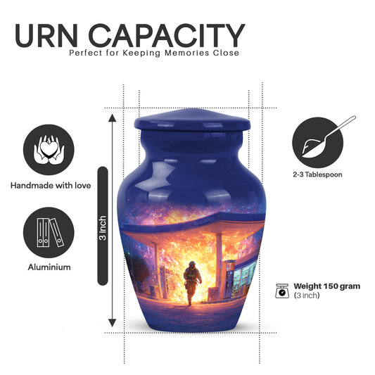Misty Blue Firefighter Cremation Urn close-up of engraving and surface detail - timeless firefighter motif etched into premium metal - mini keepsake memorial for portion of cremation ashes