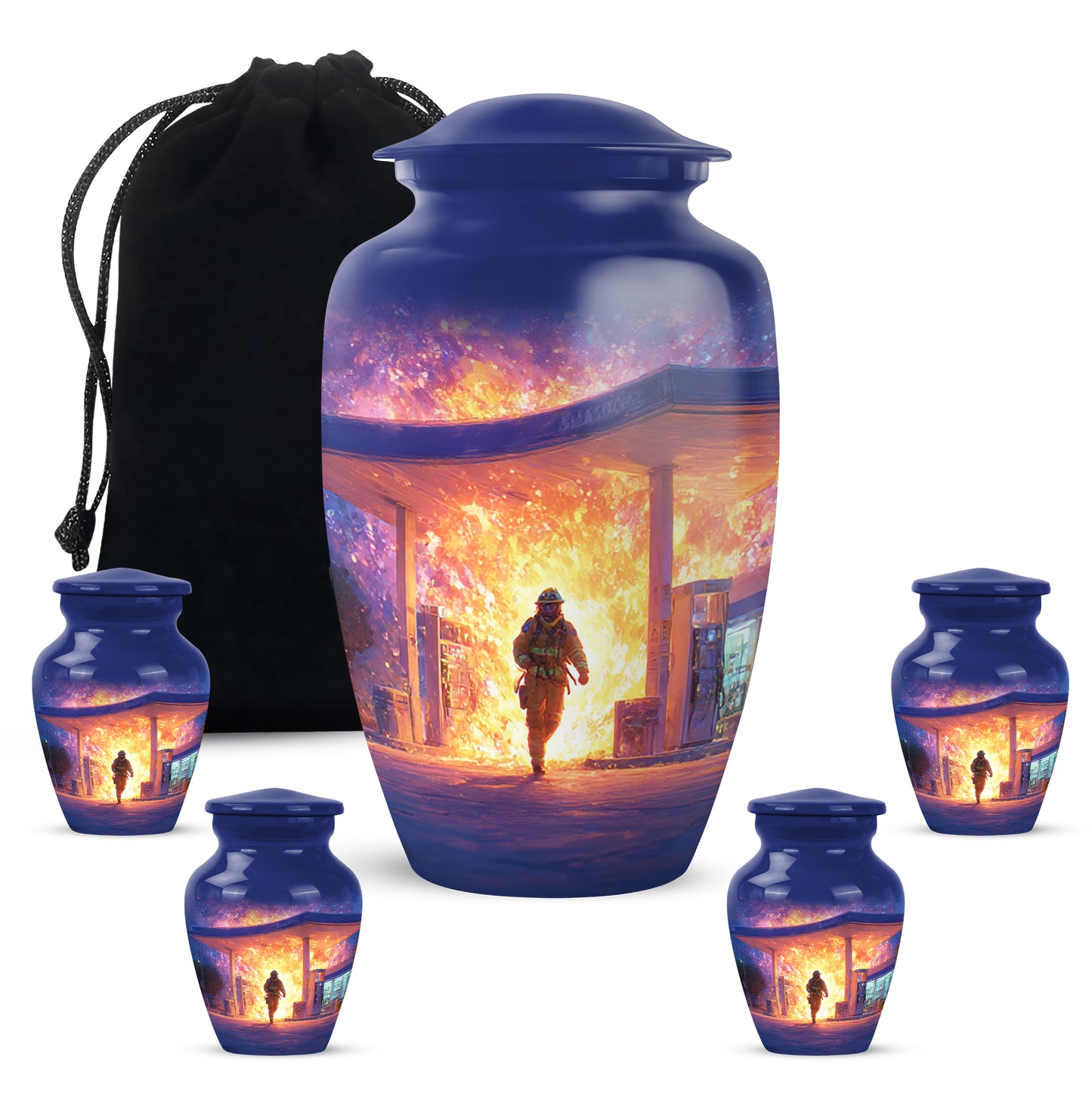 Sky Blue Firefighter Cremation Urn top-down view of secure threaded lid - timeless firefighter motif etched into premium metal - memorial set with one large and four small urns