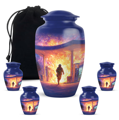 Sky Blue Firefighter Cremation Urn top-down view of secure threaded lid - timeless firefighter motif etched into premium metal - memorial set with one large and four small urns