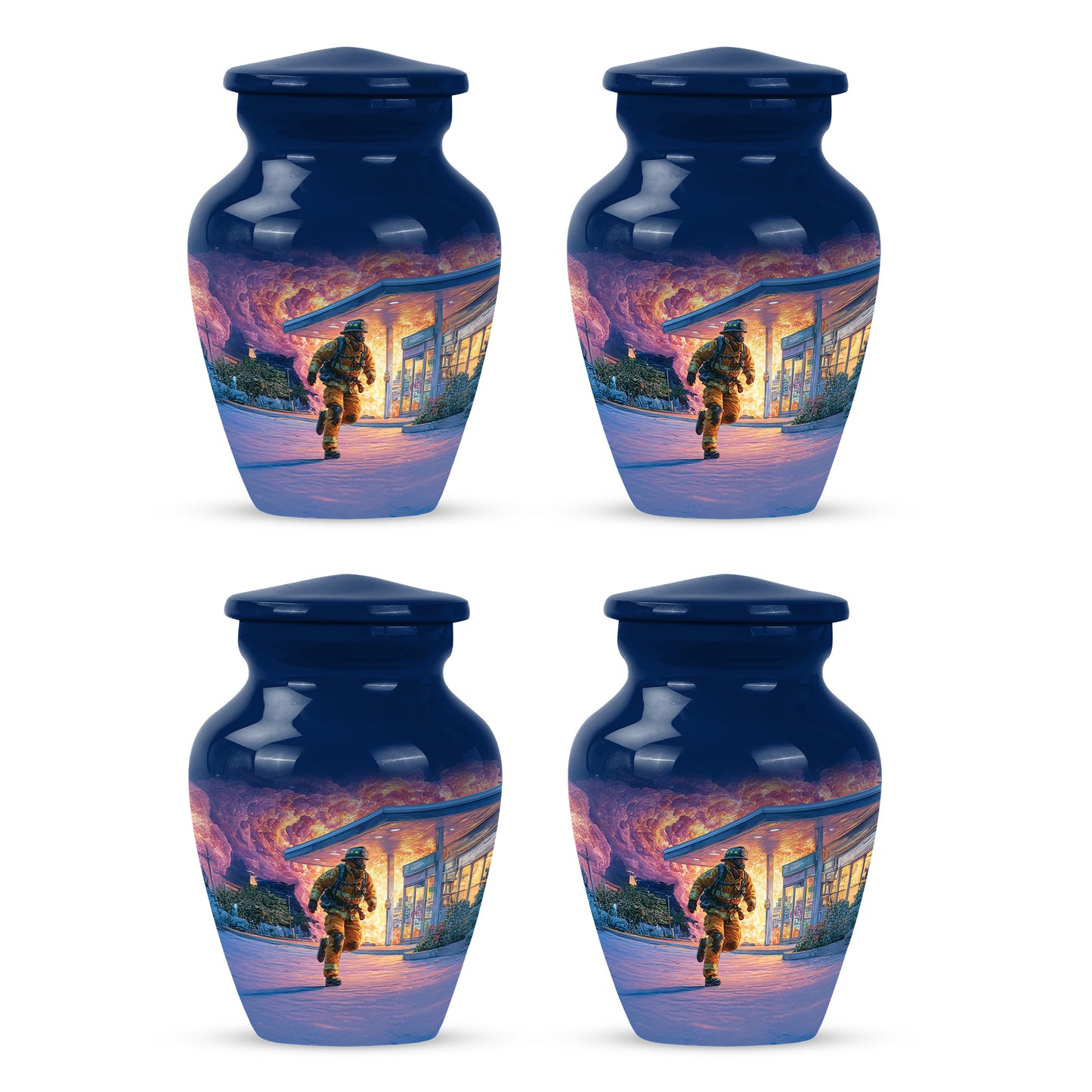 Vivid Blue Firefighter Cremation Urn side profile showing urn shape - traditional firefighter engraving with hand-polished finish - 10 inch aluminum urn for cremated remains