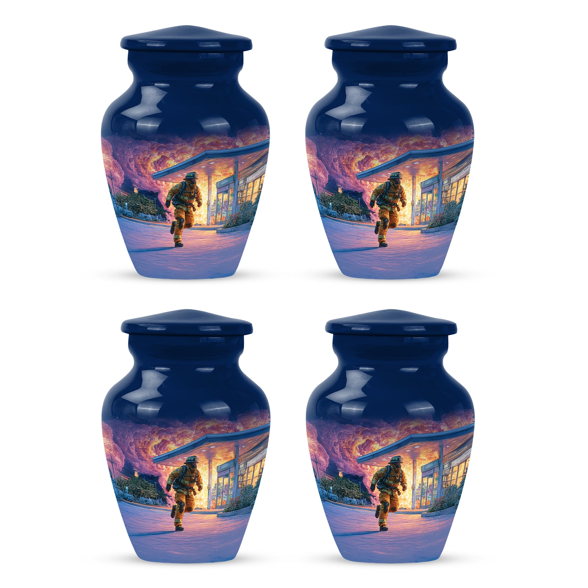 Vivid Blue Firefighter Cremation Urn side profile showing urn shape - traditional firefighter engraving with hand-polished finish - 10 inch aluminum urn for cremated remains