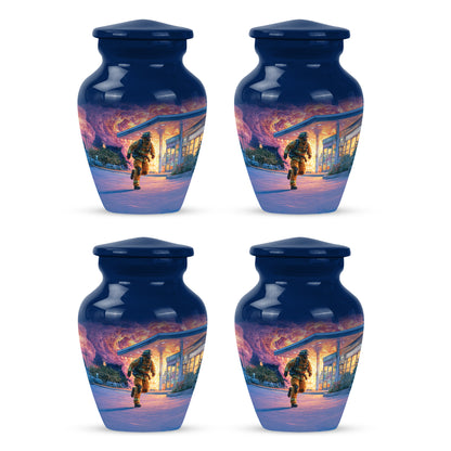 Vivid Blue Firefighter Cremation Urn side profile showing urn shape - traditional firefighter engraving with hand-polished finish - 10 inch aluminum urn for cremated remains