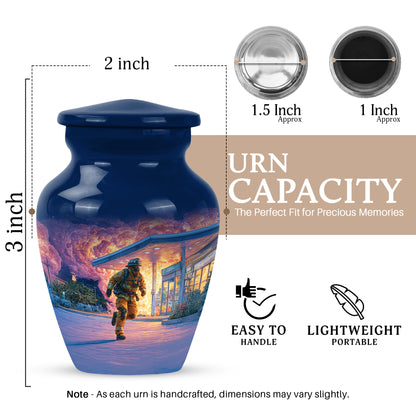Steel Blue Firefighter Cremation Urn close-up of engraving and surface detail - traditional firefighter engraving with hand-polished finish - mini keepsake memorial for portion of cremation ashes