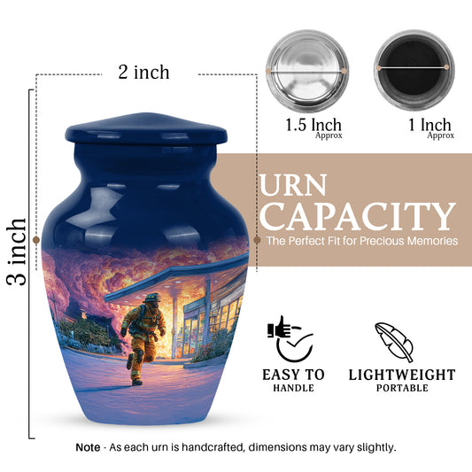 Steel Blue Firefighter Cremation Urn close-up of engraving and surface detail - traditional firefighter engraving with hand-polished finish - mini keepsake memorial for portion of cremation ashes