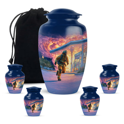 Icy Blue Firefighter Cremation Urn top-down view of secure threaded lid - classic sculpted firefighter pattern on smooth aluminum - memorial set with one large and four small urns