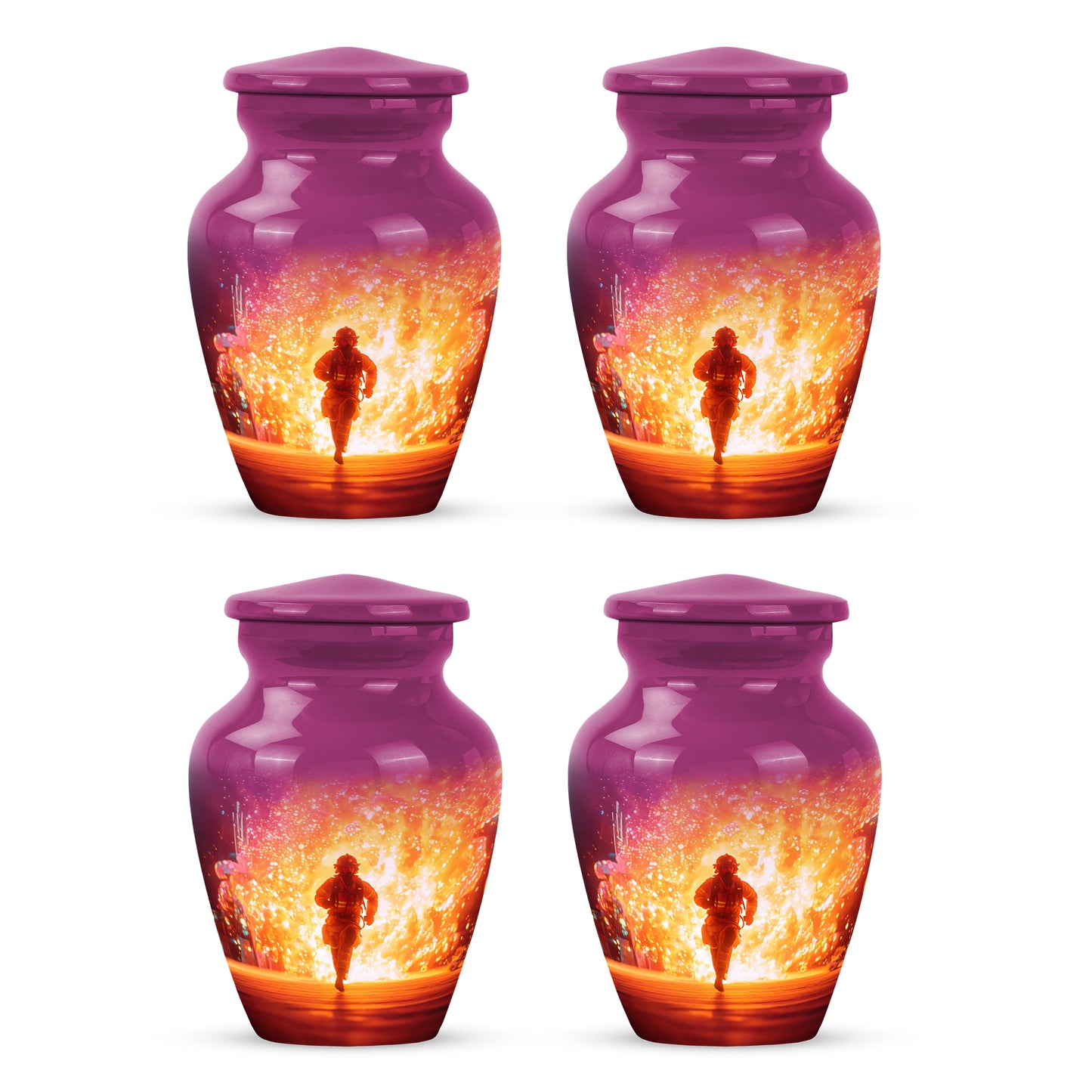 Petal Pink Firefighter Cremation Urn side profile showing urn shape - elegant classic firefighter relief with fine detailing - 10 inch aluminum urn for cremated remains