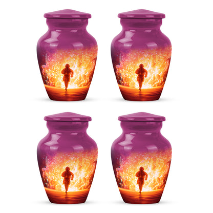 Petal Pink Firefighter Cremation Urn side profile showing urn shape - elegant classic firefighter relief with fine detailing - 10 inch aluminum urn for cremated remains