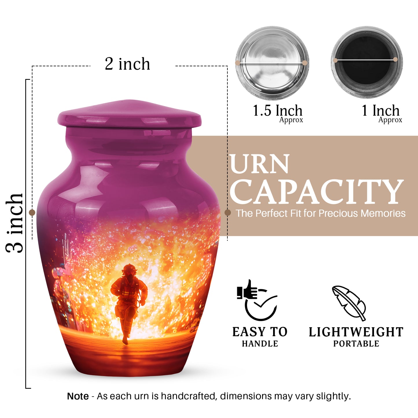 Vintage Pink Firefighter Cremation Urn close-up of engraving and surface detail - traditional firefighter engraving with hand-polished finish - mini keepsake memorial for portion of cremation ashes