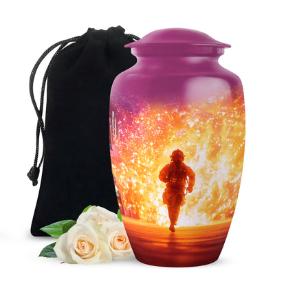 Peony Pink Firefighter Cremation Urn angled view of lid and engraved motif - timeless firefighter motif etched into premium metal - full-size 10 inch 200 cubic inch adult cremation urn