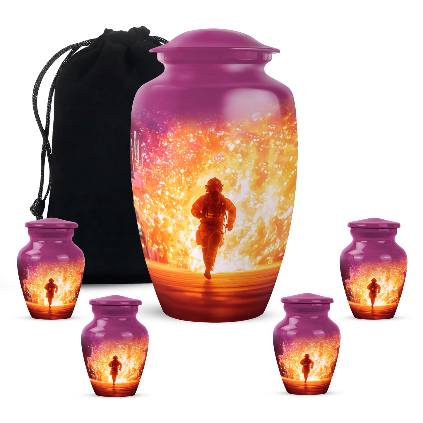 Vintage Pink Firefighter Cremation Urn top-down view of secure threaded lid - elegant classic firefighter relief with fine detailing - memorial set with one large and four small urns
