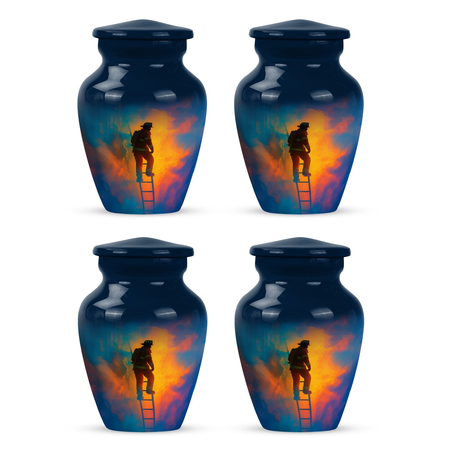 Azure Firefighter Cremation Urn side profile showing urn shape - timeless firefighter motif etched into premium metal - 10 inch aluminum urn for cremated remains