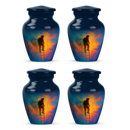 Azure Firefighter Cremation Urn side profile showing urn shape - timeless firefighter motif etched into premium metal - 10 inch aluminum urn for cremated remains
