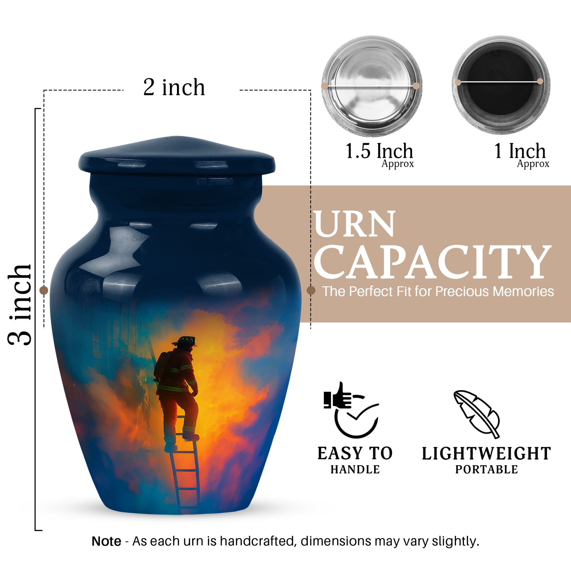 Misty Blue Firefighter Cremation Urn close-up of engraving and surface detail - timeless firefighter motif etched into premium metal - mini keepsake memorial for portion of cremation ashes