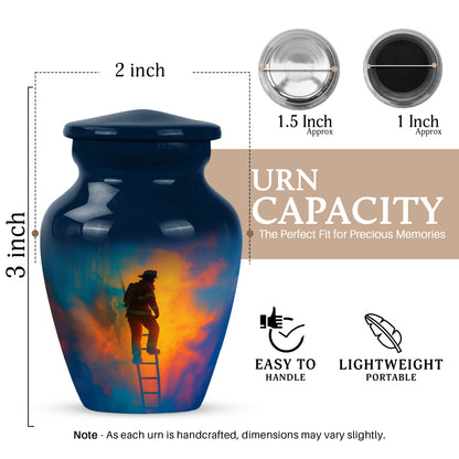 Misty Blue Firefighter Cremation Urn close-up of engraving and surface detail - timeless firefighter motif etched into premium metal - mini keepsake memorial for portion of cremation ashes