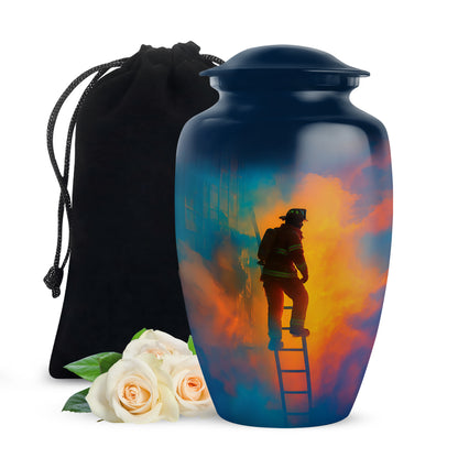 Slate Blue Firefighter Cremation Urn angled view of lid and engraved motif - classic sculpted firefighter pattern on smooth aluminum - full-size 10 inch 200 cubic inch adult cremation urn