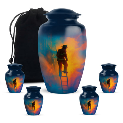 Dusty Blue Firefighter Cremation Urn top-down view of secure threaded lid - classic sculpted firefighter pattern on smooth aluminum - memorial set with one large and four small urns