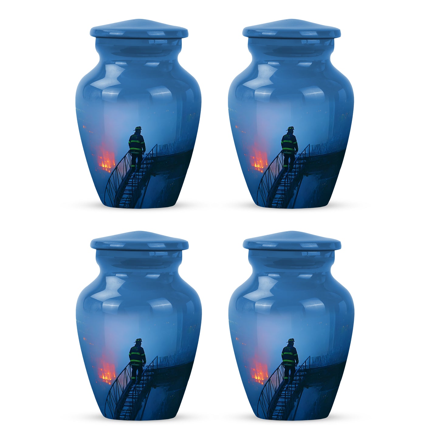 Azure Firefighter Cremation Urn side profile showing urn shape - timeless firefighter motif etched into premium metal - 10 inch aluminum urn for cremated remains