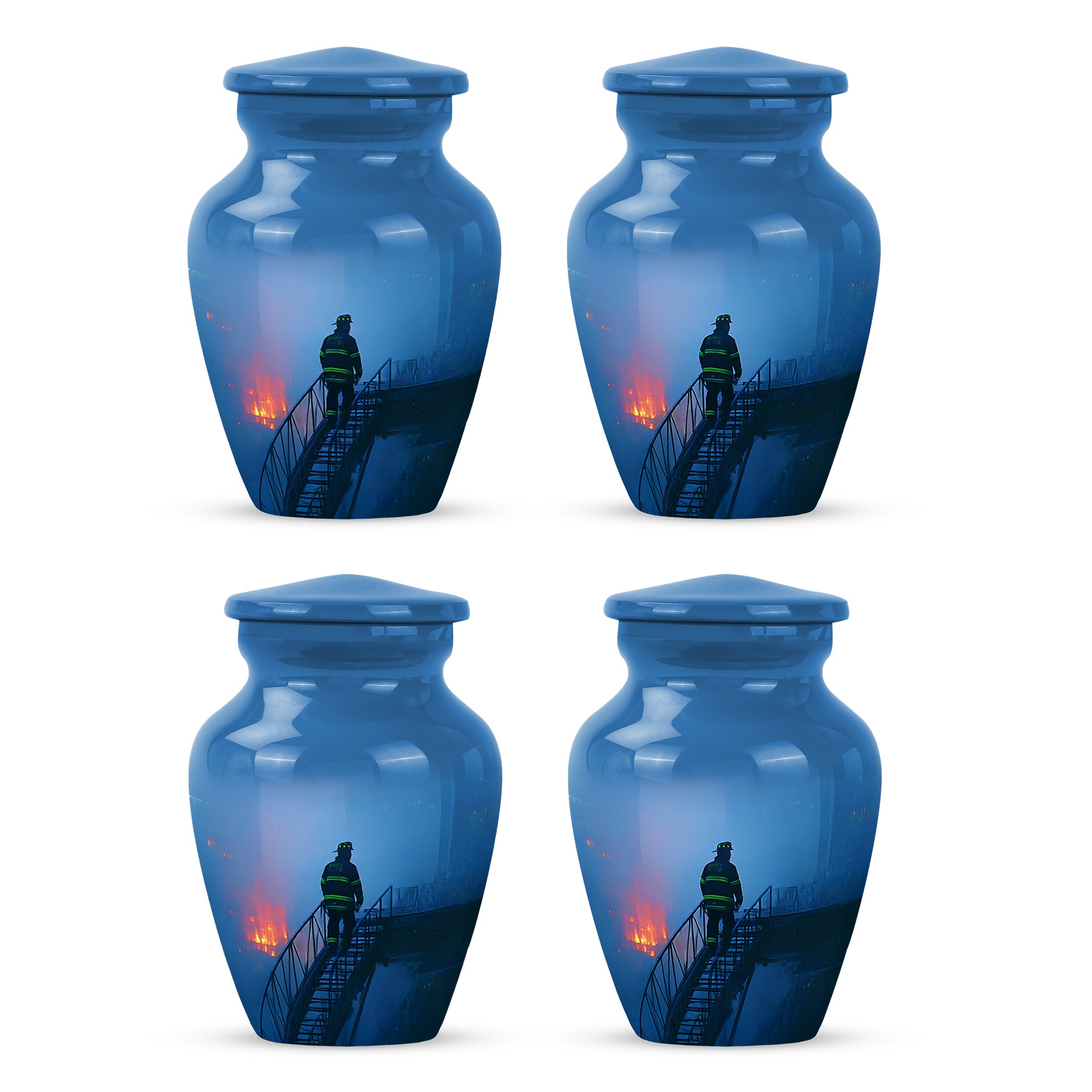Azure Firefighter Cremation Urn side profile showing urn shape - timeless firefighter motif etched into premium metal - 10 inch aluminum urn for cremated remains