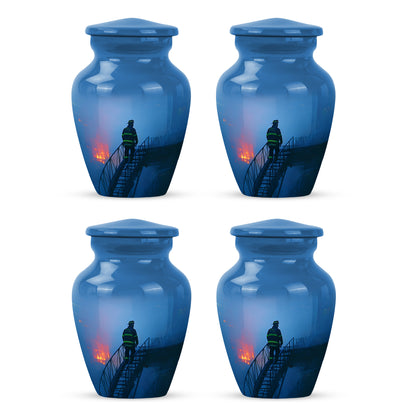Azure Firefighter Cremation Urn side profile showing urn shape - timeless firefighter motif etched into premium metal - 10 inch aluminum urn for cremated remains