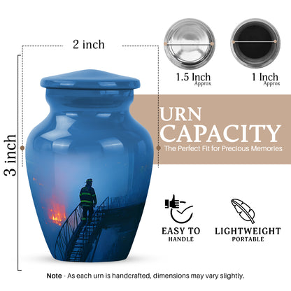 Misty Blue Firefighter Cremation Urn close-up of engraving and surface detail - classic sculpted firefighter pattern on smooth aluminum - mini keepsake memorial for portion of cremation ashes