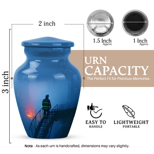 Misty Blue Firefighter Cremation Urn close-up of engraving and surface detail - classic sculpted firefighter pattern on smooth aluminum - mini keepsake memorial for portion of cremation ashes