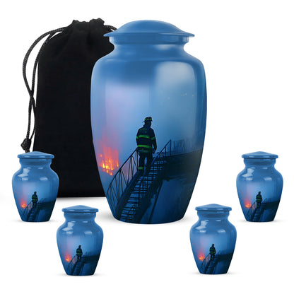 Indigo Firefighter Cremation Urn top-down view of secure threaded lid - timeless firefighter motif etched into premium metal - memorial set with one large and four small urns