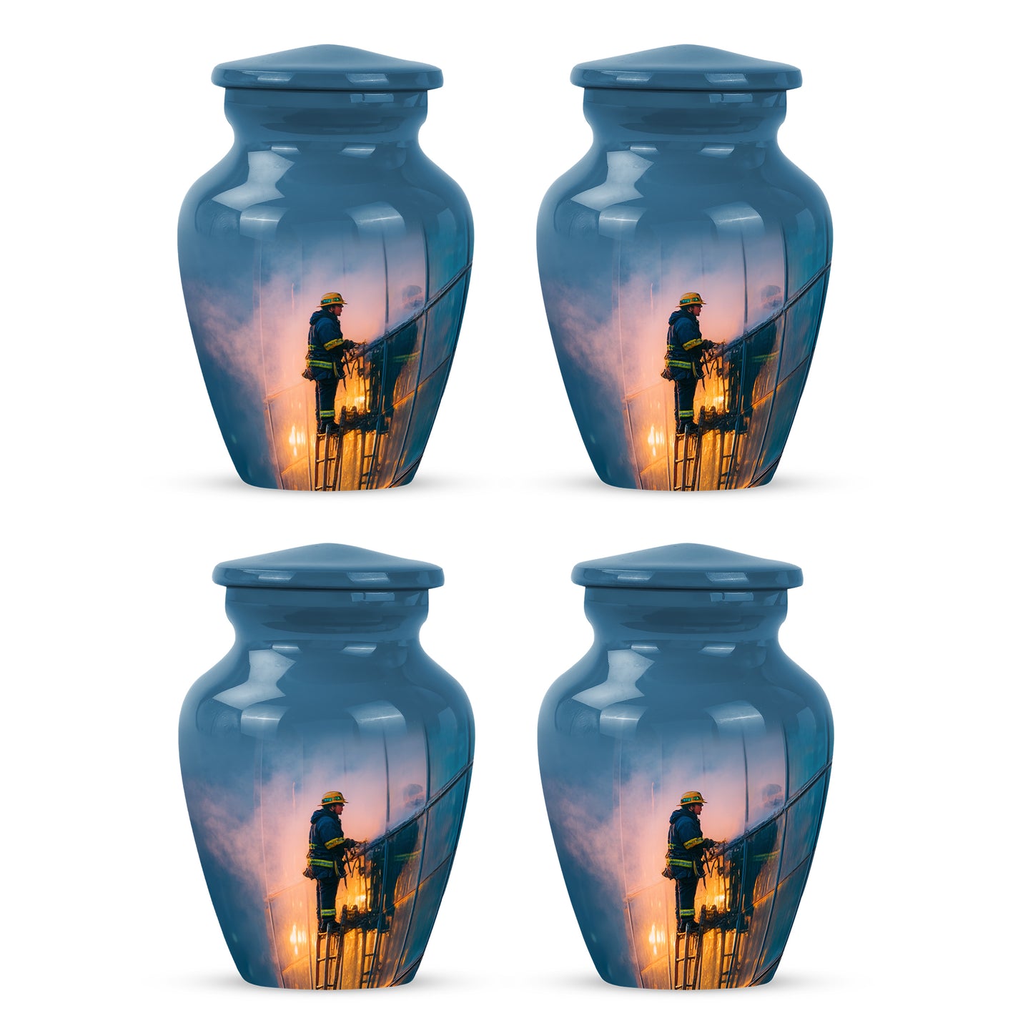 Royal Blue Firefighter Cremation Urn side profile showing urn shape - traditional firefighter engraving with hand-polished finish - 10 inch aluminum urn for cremated remains