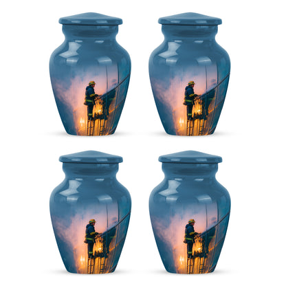 Royal Blue Firefighter Cremation Urn side profile showing urn shape - traditional firefighter engraving with hand-polished finish - 10 inch aluminum urn for cremated remains