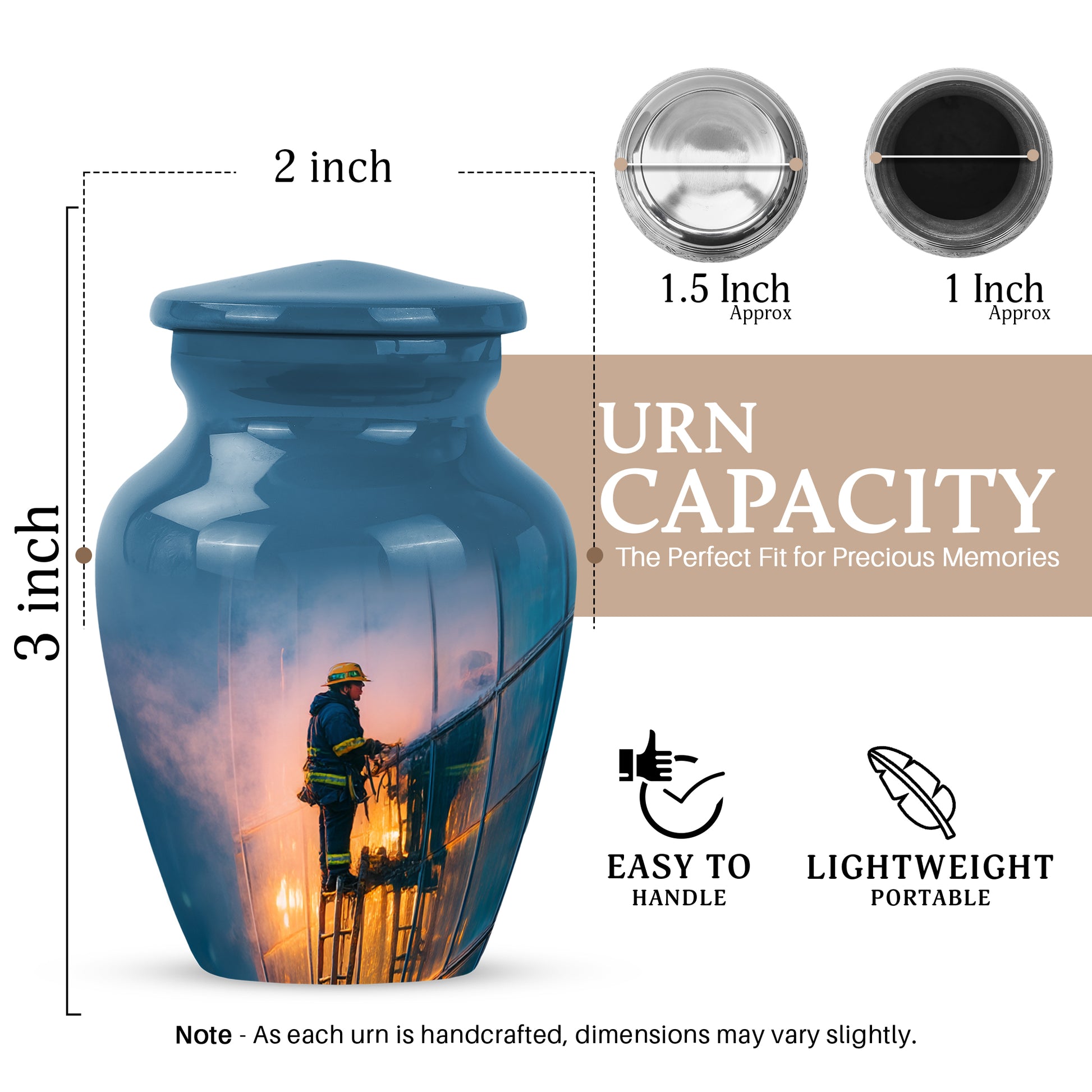 Azure Firefighter Cremation Urn close-up of engraving and surface detail - classic sculpted firefighter pattern on smooth aluminum - mini keepsake memorial for portion of cremation ashes