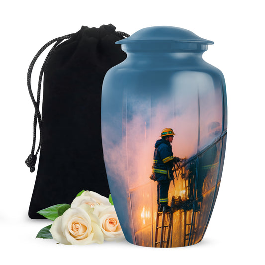 Misty Blue Firefighter Cremation Urn angled view of lid and engraved motif - classic sculpted firefighter pattern on smooth aluminum - full-size 10 inch 200 cubic inch adult cremation urn