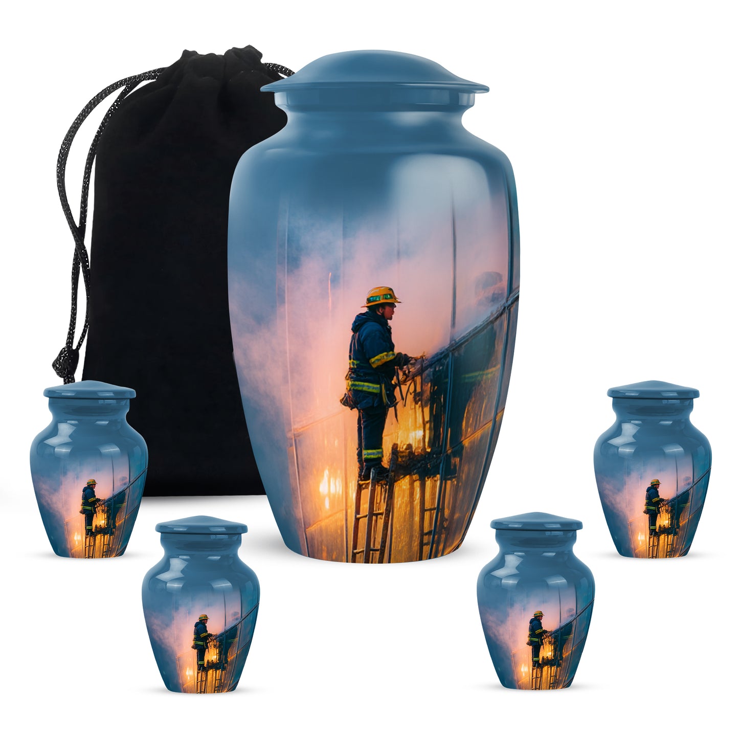 Steel Blue Firefighter Cremation Urn top-down view of secure threaded lid - elegant classic firefighter relief with fine detailing - memorial set with one large and four small urns