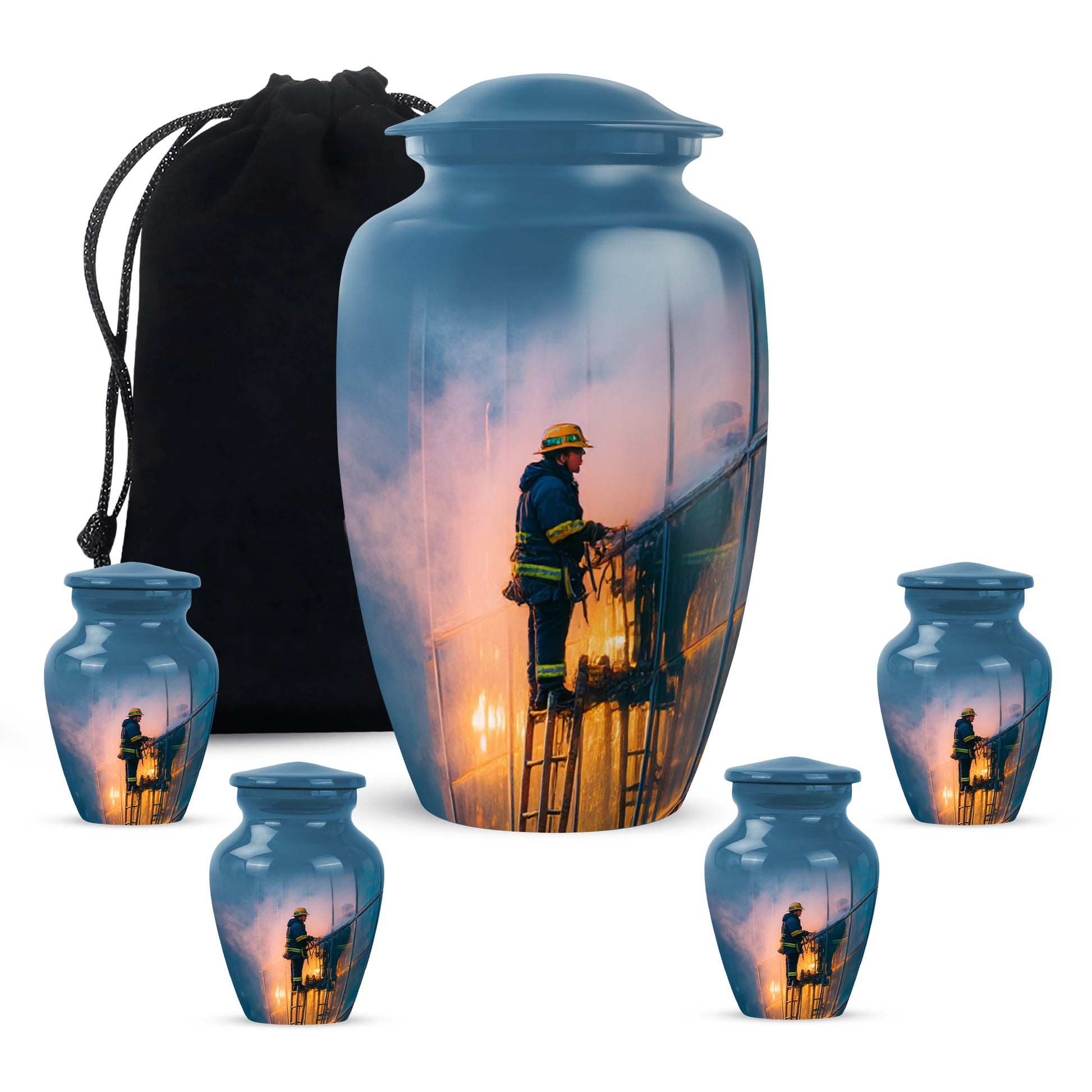 Steel Blue Firefighter Cremation Urn top-down view of secure threaded lid - elegant classic firefighter relief with fine detailing - memorial set with one large and four small urns