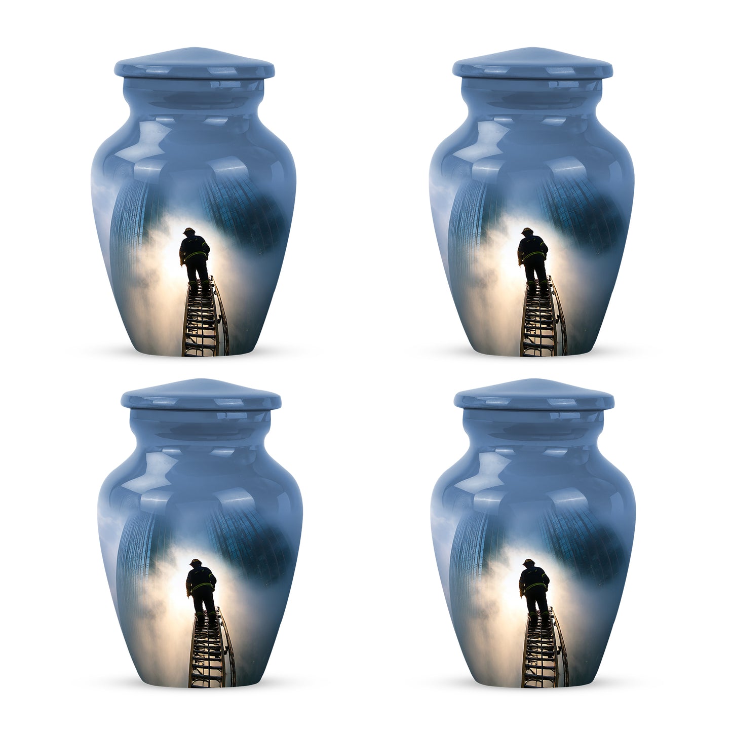 Bright Blue Firefighter Cremation Urn side profile showing urn shape - traditional firefighter engraving with hand-polished finish - 10 inch aluminum urn for cremated remains