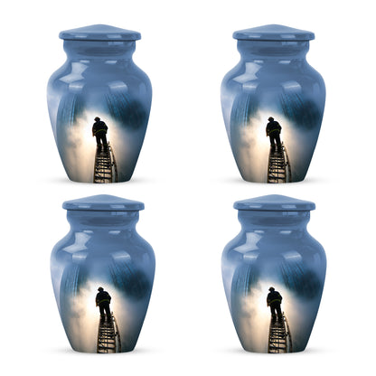 Bright Blue Firefighter Cremation Urn side profile showing urn shape - traditional firefighter engraving with hand-polished finish - 10 inch aluminum urn for cremated remains