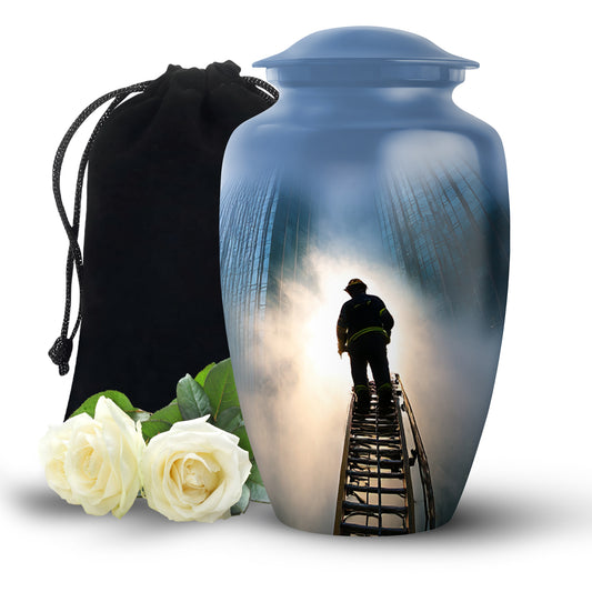 Royal Blue Firefighter Cremation Urn angled view of lid and engraved motif - elegant classic firefighter relief with fine detailing - full-size 10 inch 200 cubic inch adult cremation urn