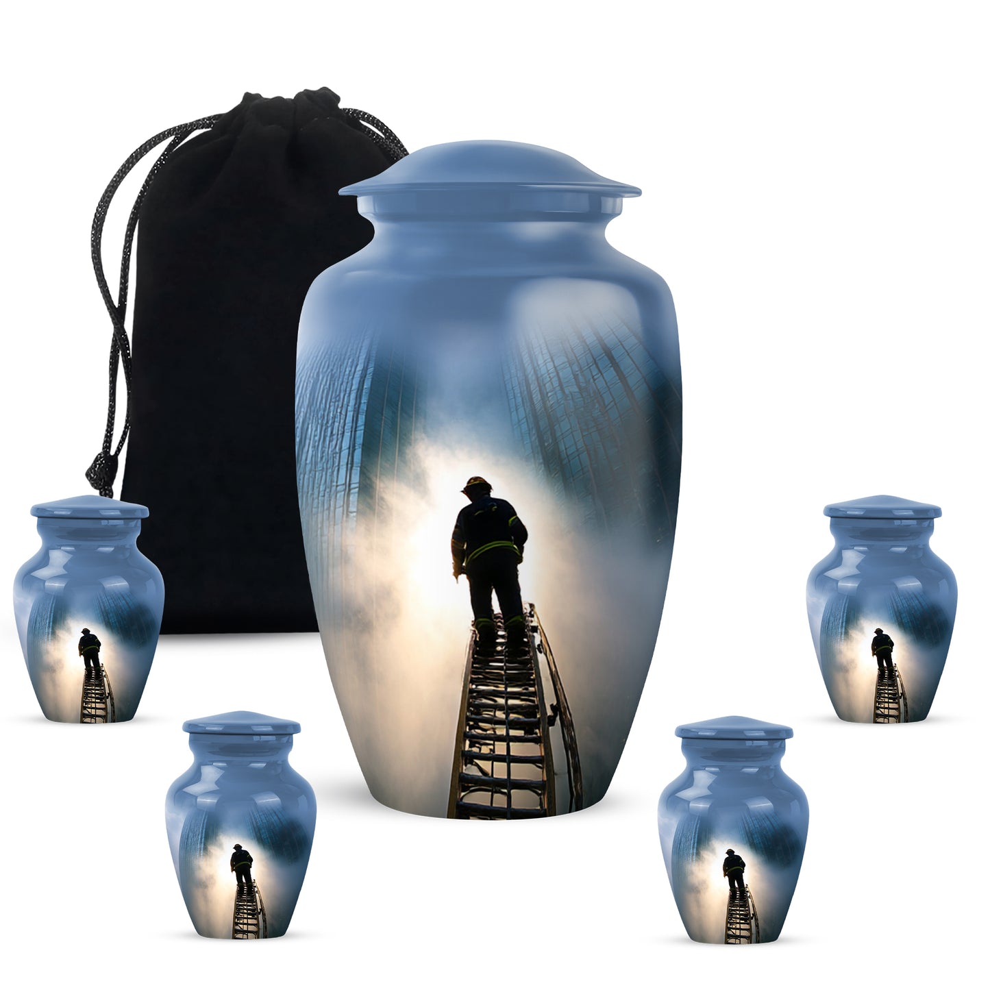 Indigo Firefighter Cremation Urn top-down view of secure threaded lid - timeless firefighter motif etched into premium metal - memorial set with one large and four small urns