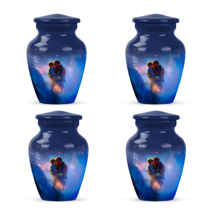 Powder Blue Firefighter Cremation Urn side profile showing urn shape - classic sculpted firefighter pattern on smooth aluminum - 10 inch aluminum urn for cremated remains