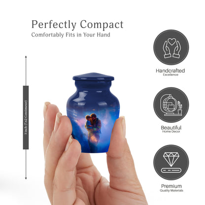 Indigo Firefighter Cremation Urn close-up of engraving and surface detail - classic sculpted firefighter pattern on smooth aluminum - mini keepsake memorial for portion of cremation ashes