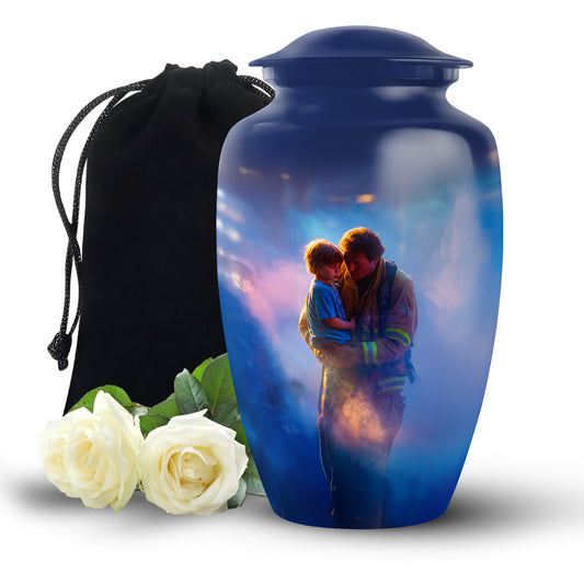 Navy Blue Firefighter Cremation Urn angled view of lid and engraved motif - timeless firefighter motif etched into premium metal - full-size 10 inch 200 cubic inch adult cremation urn