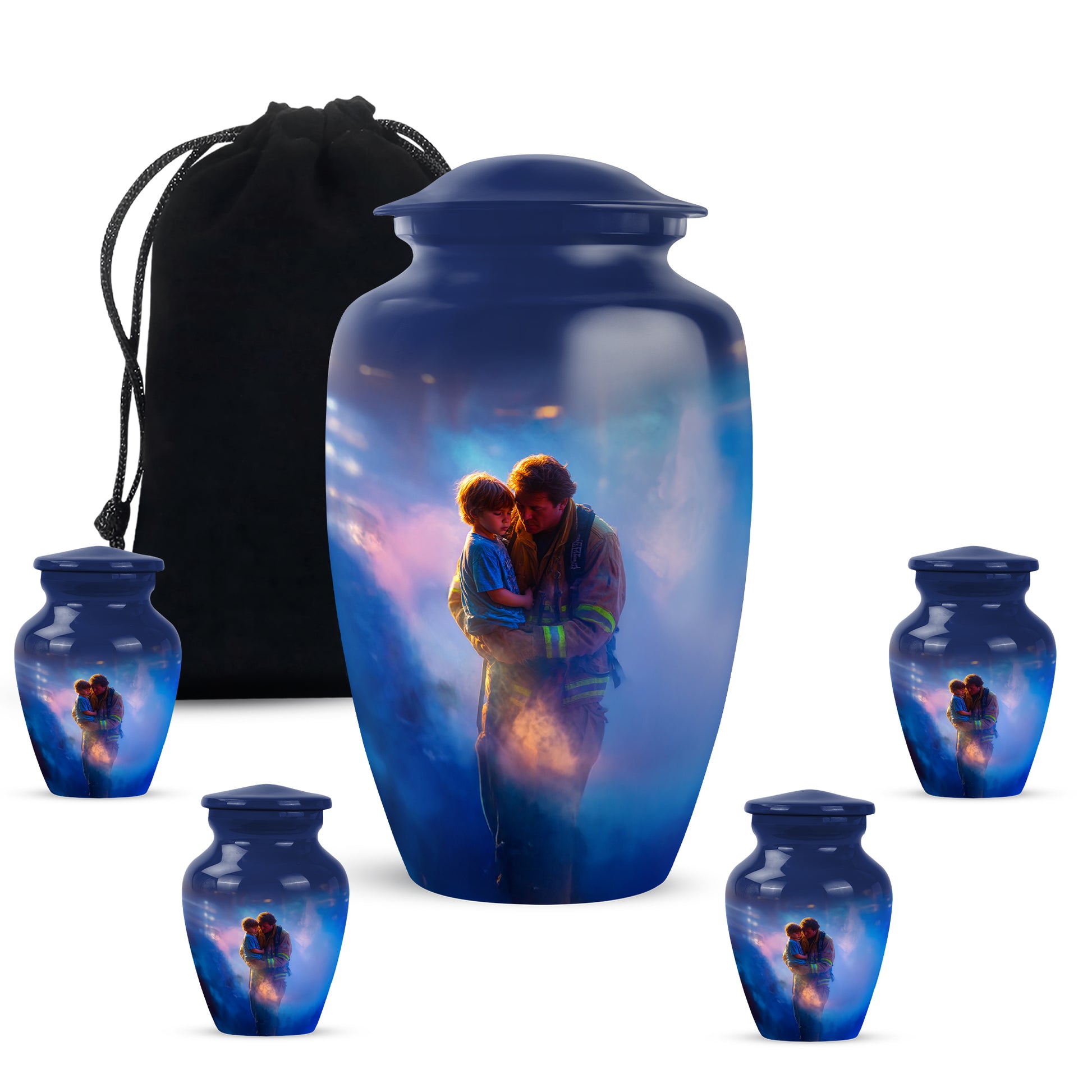Dusty Blue Firefighter Cremation Urn top-down view of secure threaded lid - timeless firefighter motif etched into premium metal - memorial set with one large and four small urns