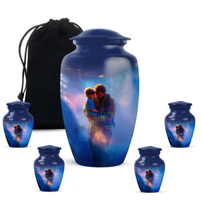 Dusty Blue Firefighter Cremation Urn top-down view of secure threaded lid - timeless firefighter motif etched into premium metal - memorial set with one large and four small urns