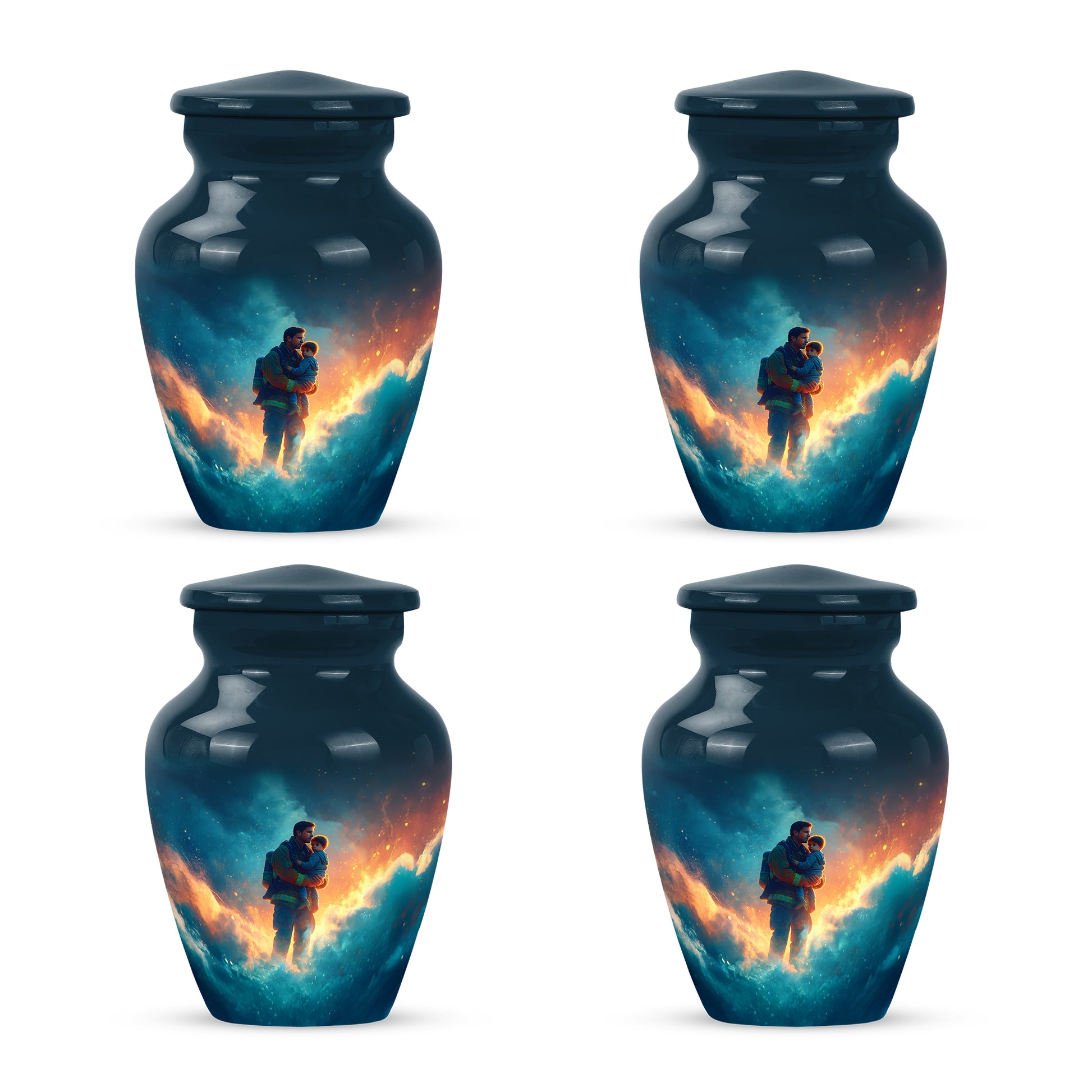 Steel Blue Firefighter Cremation Urn side profile showing urn shape - elegant classic firefighter relief with fine detailing - 10 inch aluminum urn for cremated remains