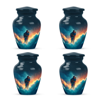 Steel Blue Firefighter Cremation Urn side profile showing urn shape - elegant classic firefighter relief with fine detailing - 10 inch aluminum urn for cremated remains
