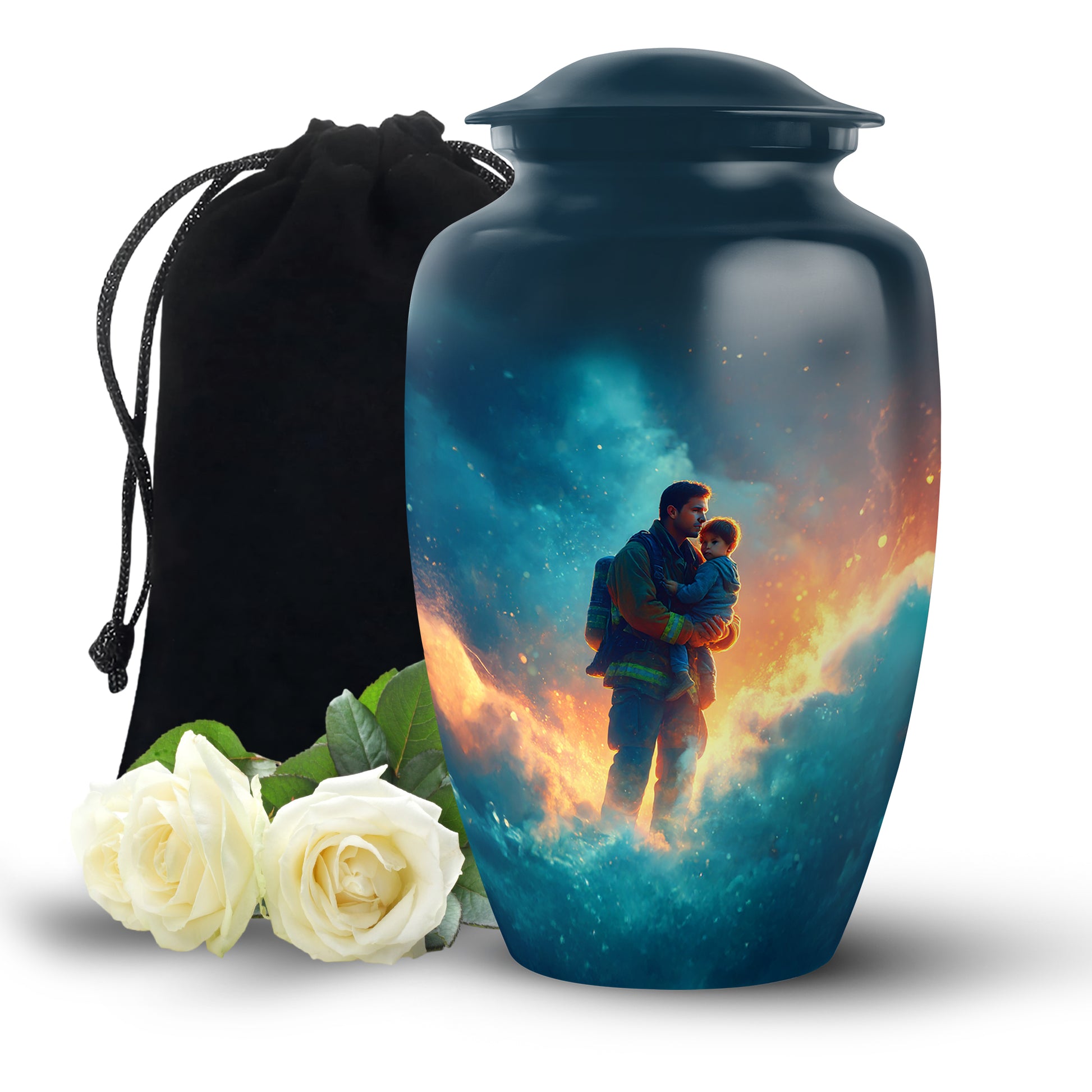 Steel Blue Firefighter Cremation Urn angled view of lid and engraved motif - traditional firefighter engraving with hand-polished finish - full-size 10 inch 200 cubic inch adult cremation urn
